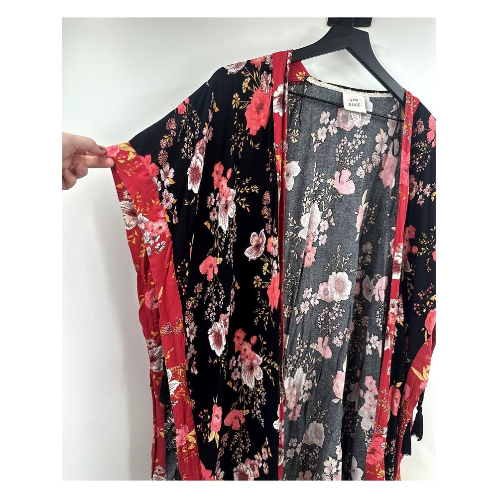 Knox Rose Boho Black and Red Floral Tassel Kimono Size Medium Large - Picture 7 of 9